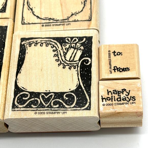 Stampin' Up! Holiday Woodcuts Rubber Stamps Christmas Sleigh Stocking Snowman - Picture 7 of 13
